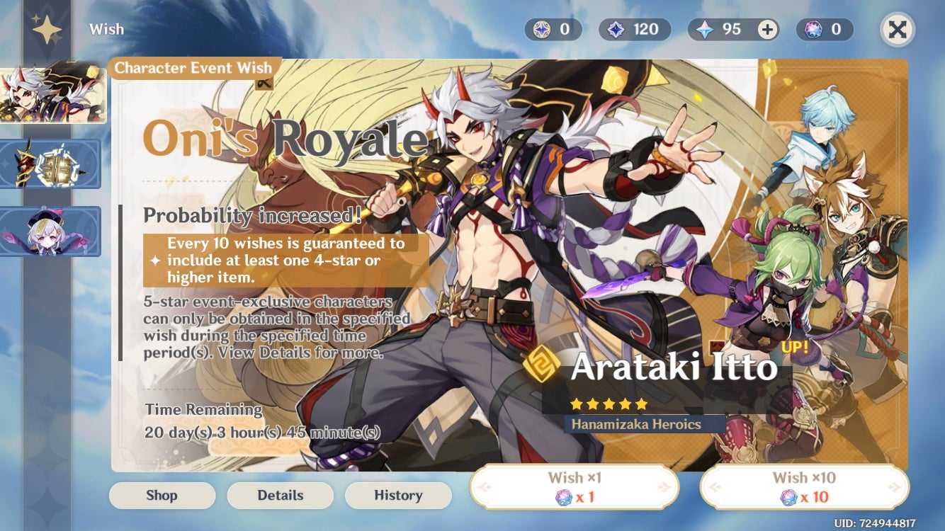 Genshin Impact Arataki Itto Banner character pull charges, 4 Stars